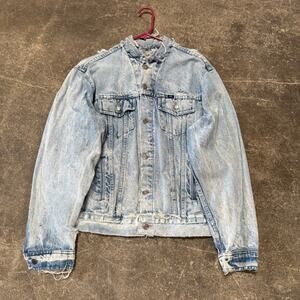 Vintage Great Plains Denim Jacket Mens M Distressed Blue Jean Trucker Trashed